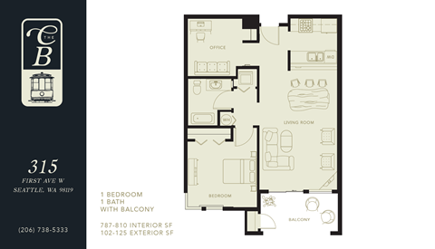 A floor plan of a one bedroom apartment with a balcony.